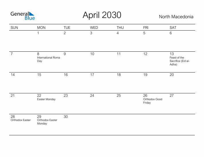 Printable April 2030 Calendar for North Macedonia