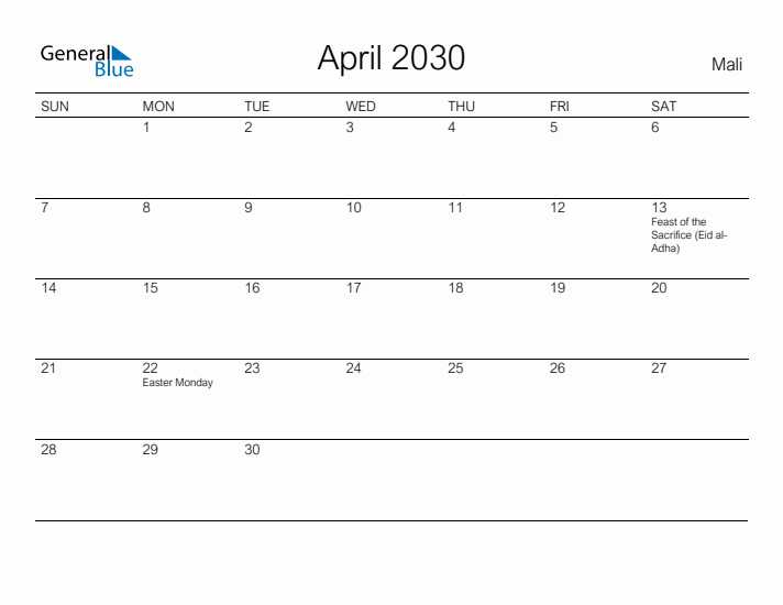 Printable April 2030 Calendar for Mali