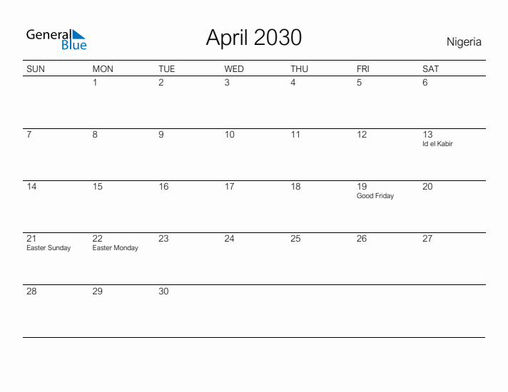 Printable April 2030 Calendar for Nigeria