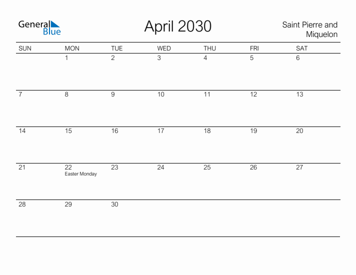 Printable April 2030 Calendar for Saint Pierre and Miquelon