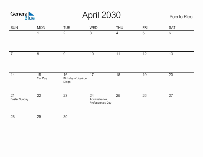 Printable April 2030 Calendar for Puerto Rico