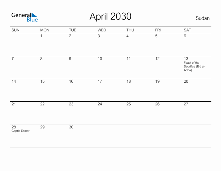 Printable April 2030 Calendar for Sudan