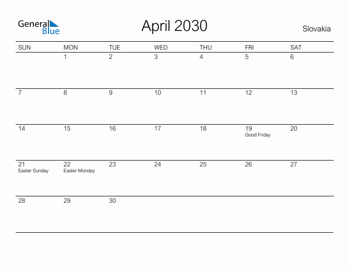 Printable April 2030 Calendar for Slovakia
