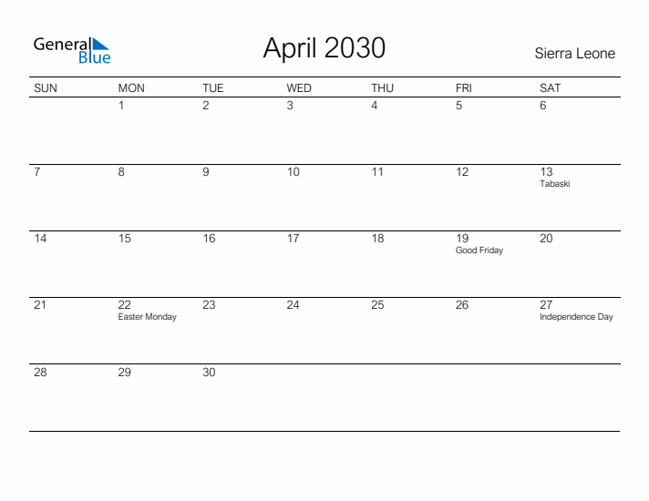 Printable April 2030 Calendar for Sierra Leone