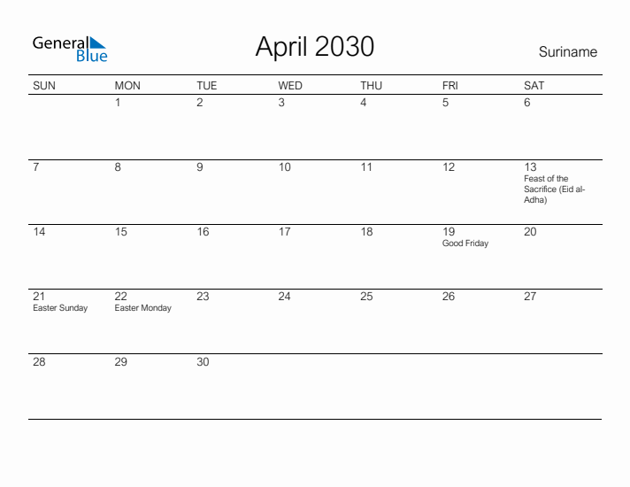 Printable April 2030 Calendar for Suriname