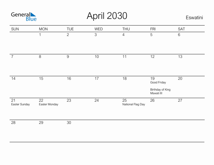 Printable April 2030 Calendar for Eswatini