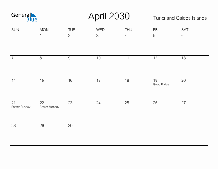 Printable April 2030 Calendar for Turks and Caicos Islands