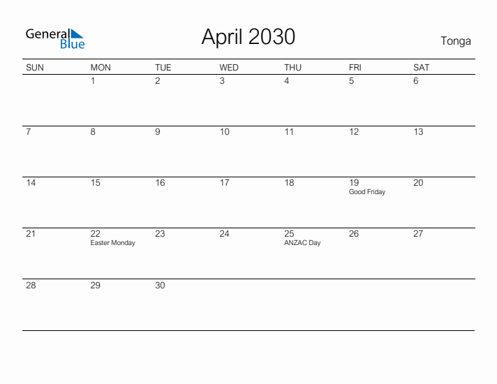 Printable April 2030 Calendar for Tonga