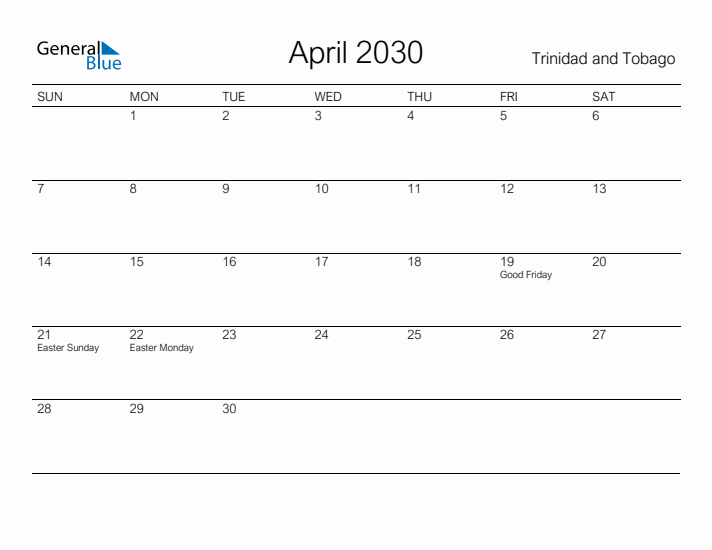 Printable April 2030 Calendar for Trinidad and Tobago