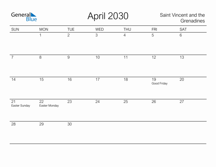 Printable April 2030 Calendar for Saint Vincent and the Grenadines