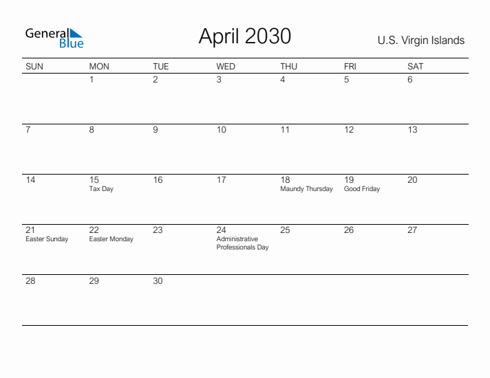 Printable April 2030 Calendar for U.S. Virgin Islands