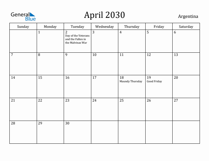 April 2030 Calendar Argentina
