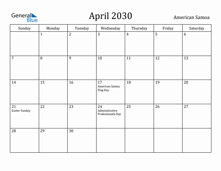 April 2030 Calendar American Samoa