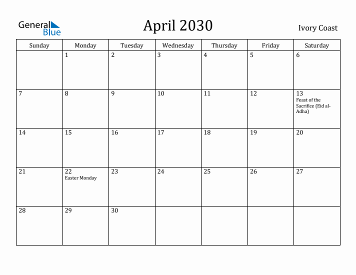 April 2030 Calendar Ivory Coast