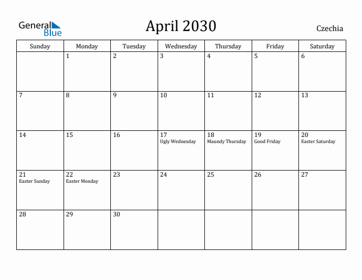 April 2030 Calendar Czechia