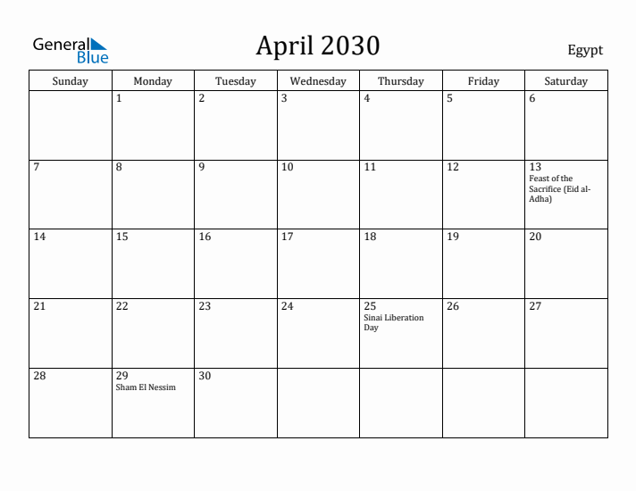 April 2030 Calendar Egypt