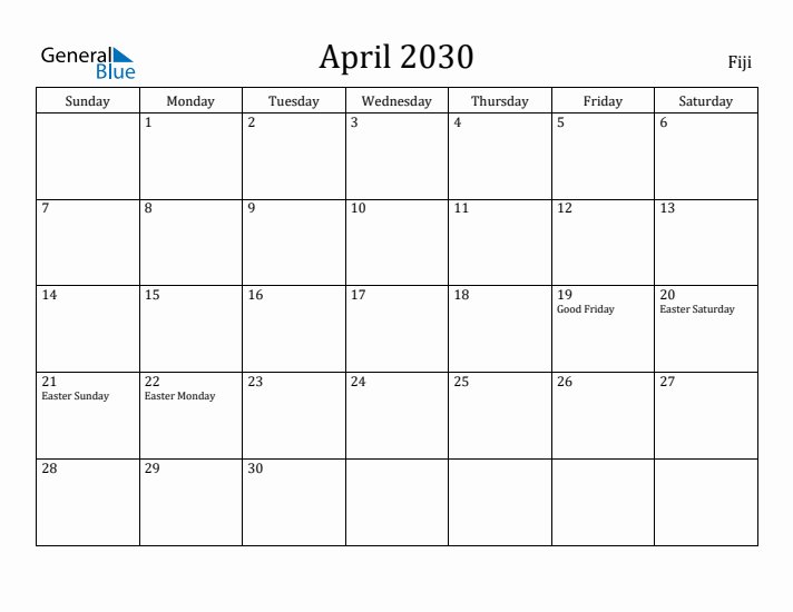 April 2030 Calendar Fiji