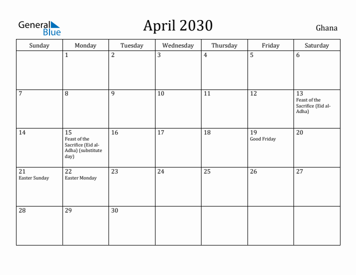 April 2030 Calendar Ghana