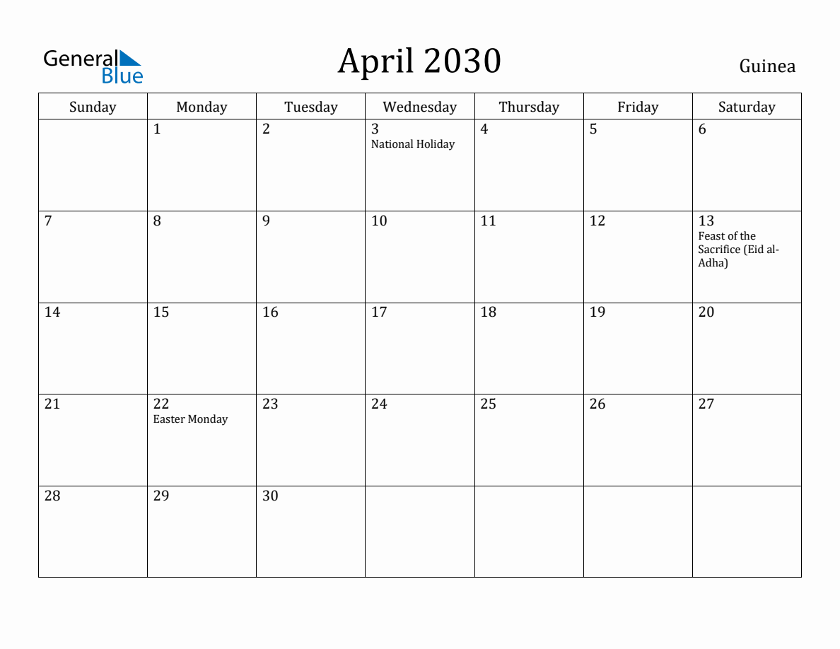 April 2030 Monthly Calendar with Guinea Holidays