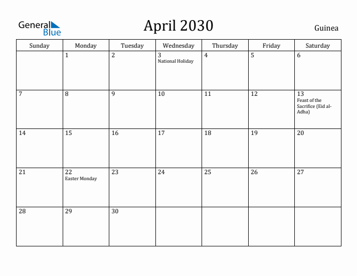 April 2030 Calendar Guinea