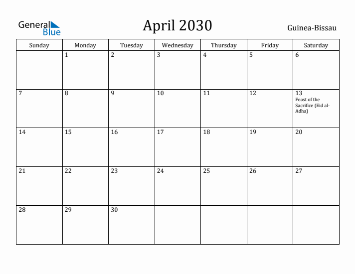 April 2030 Calendar Guinea-Bissau