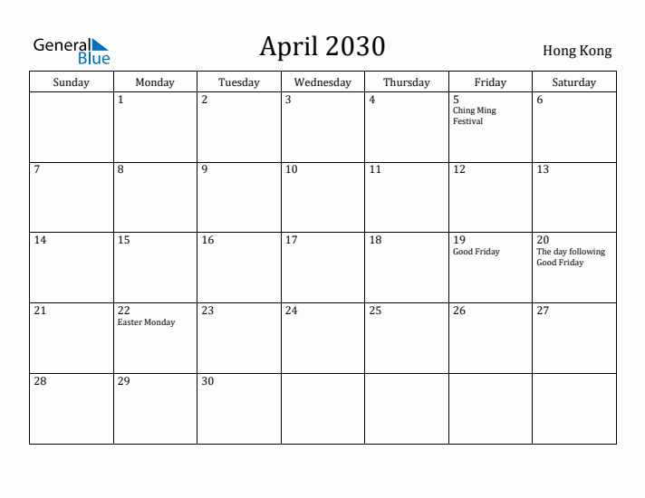 April 2030 Calendar Hong Kong