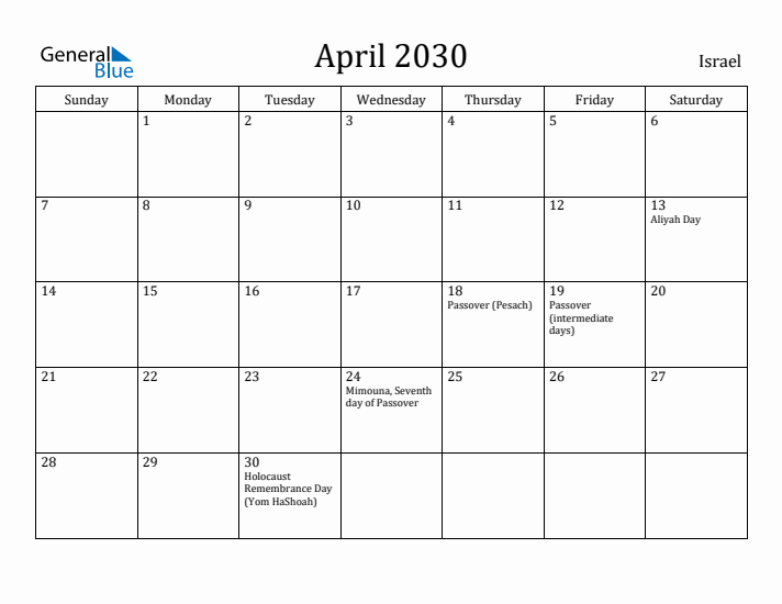 April 2030 Calendar Israel