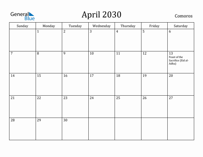 April 2030 Calendar Comoros