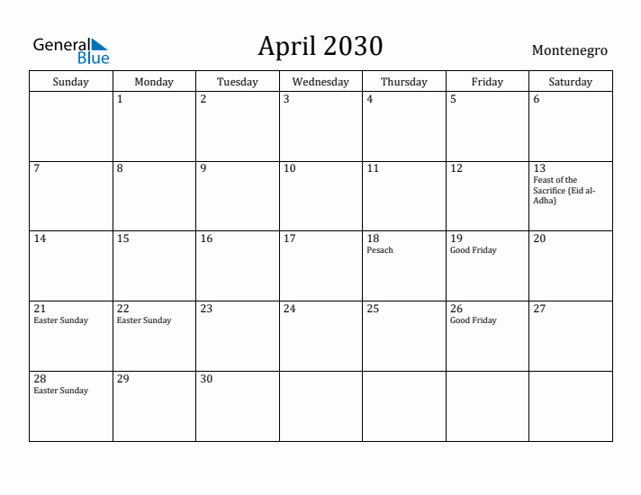 April 2030 Calendar Montenegro