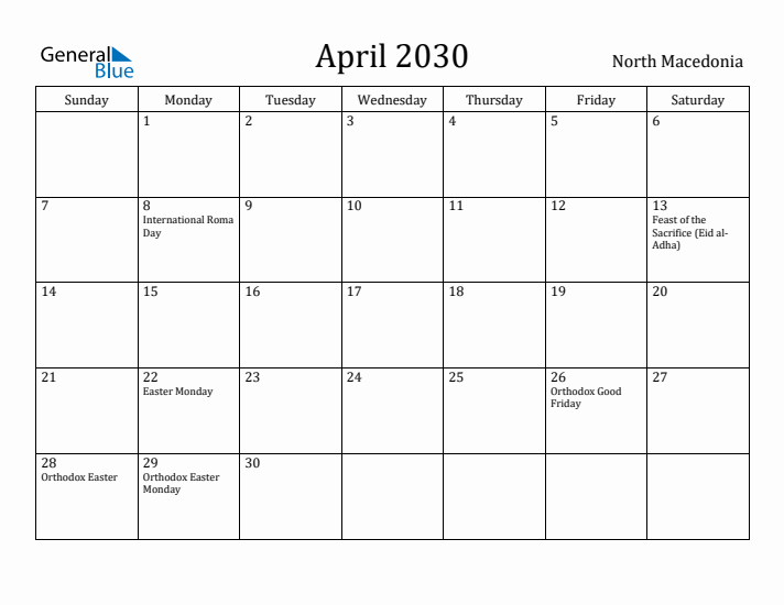 April 2030 Calendar North Macedonia