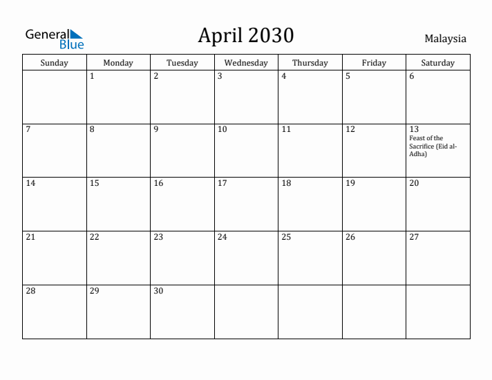 April 2030 Calendar Malaysia