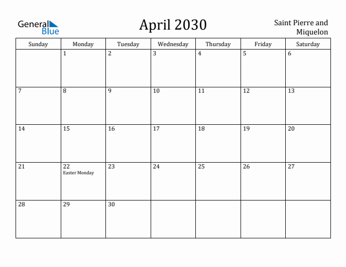 April 2030 Calendar Saint Pierre and Miquelon