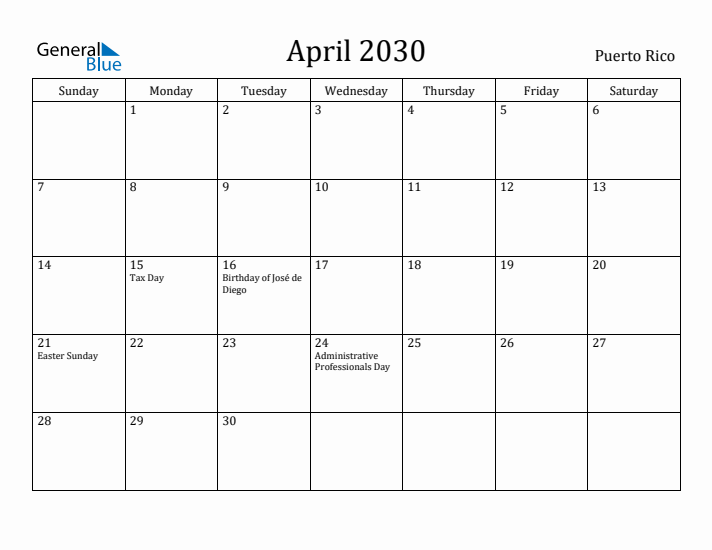 April 2030 Calendar Puerto Rico