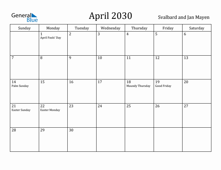 April 2030 Calendar Svalbard and Jan Mayen