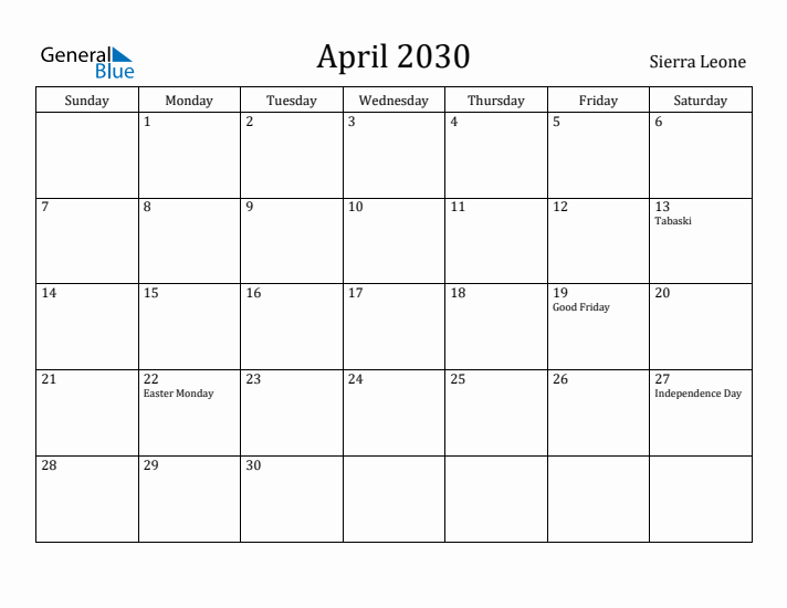 April 2030 Calendar Sierra Leone