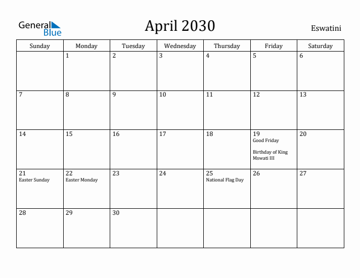 April 2030 Calendar Eswatini