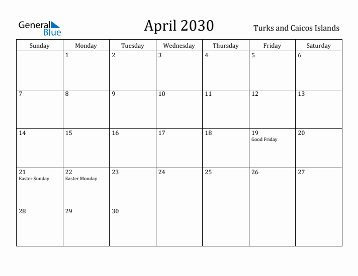 April 2030 Calendar Turks and Caicos Islands
