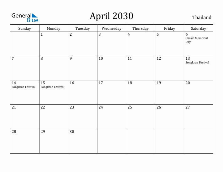 April 2030 Calendar Thailand