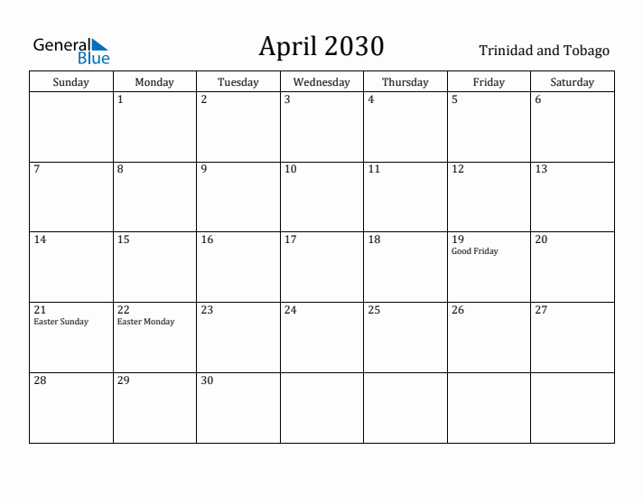 April 2030 Calendar Trinidad and Tobago