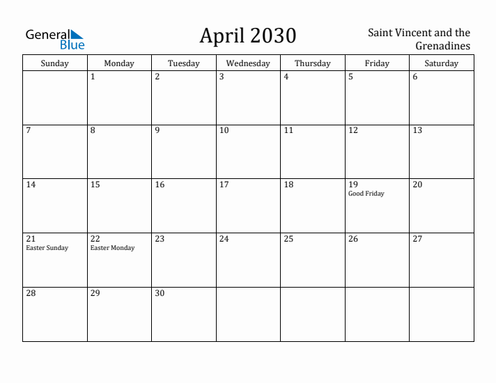 April 2030 Calendar Saint Vincent and the Grenadines