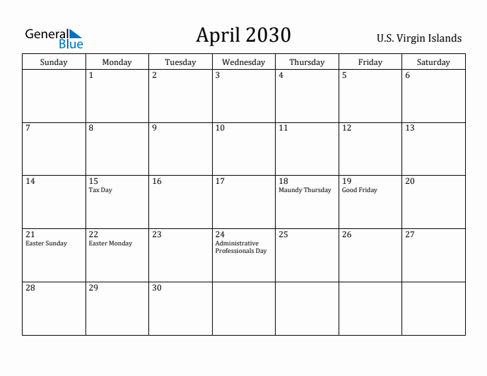 April 2030 Calendar U.S. Virgin Islands
