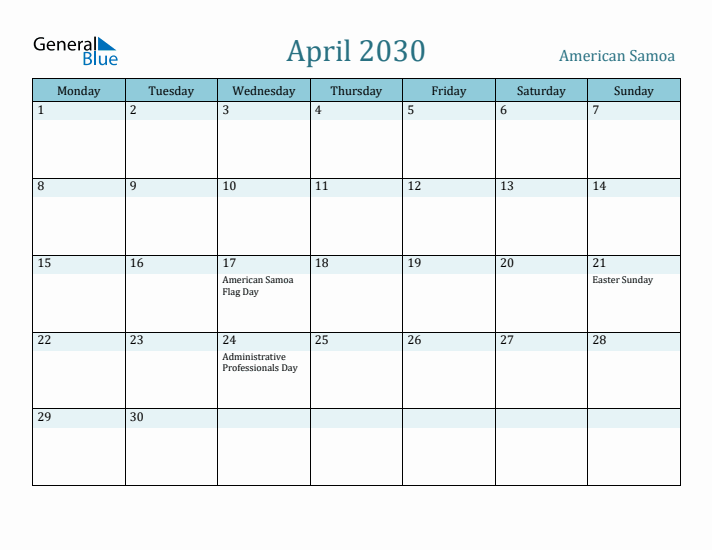 April 2030 Calendar with Holidays