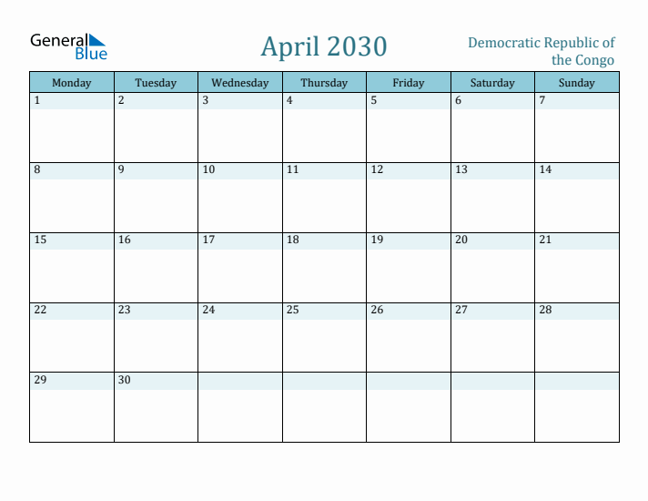 April 2030 Calendar with Holidays
