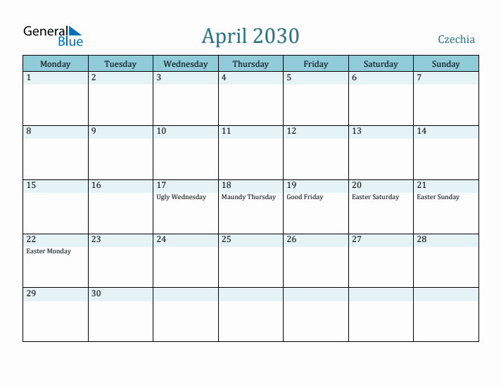 April 2030 Calendar with Holidays
