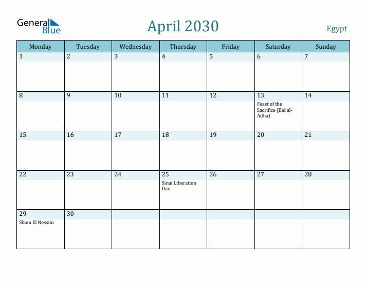 April 2030 Calendar with Holidays