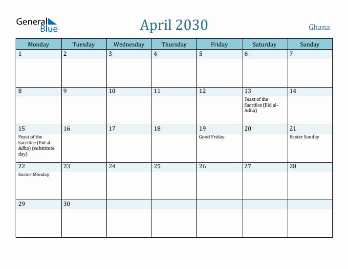 April 2030 Calendar with Holidays