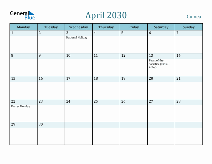 April 2030 Calendar with Holidays