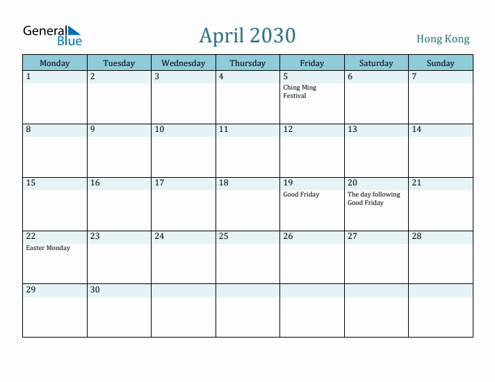 April 2030 Calendar with Holidays