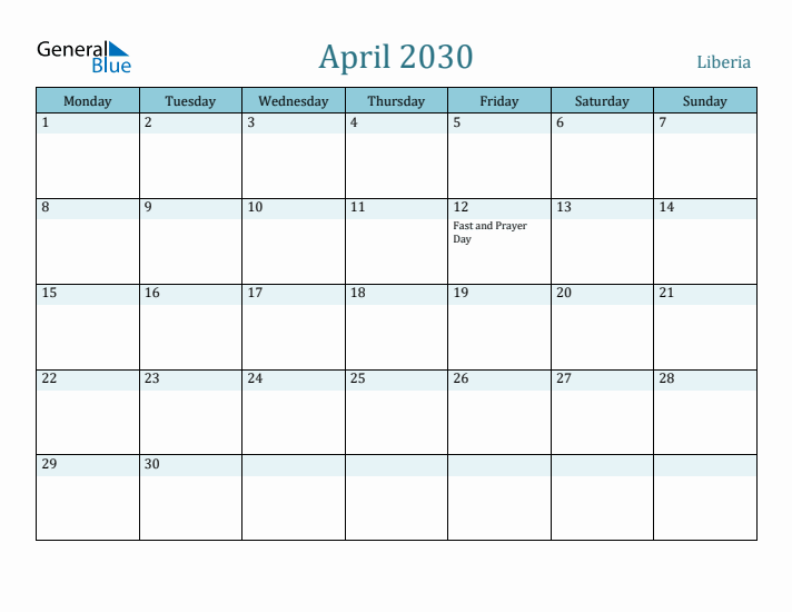 April 2030 Calendar with Holidays