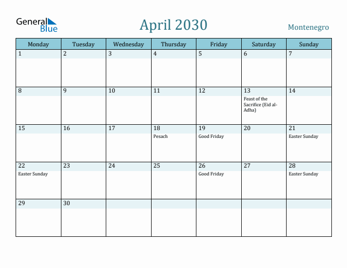 April 2030 Calendar with Holidays